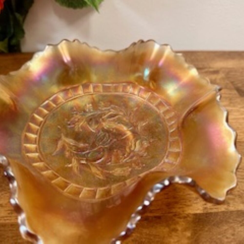 Fenton Marigold Carnival Glass Ruffled Bowl‎ Floral Pattern Iridescent Vintage